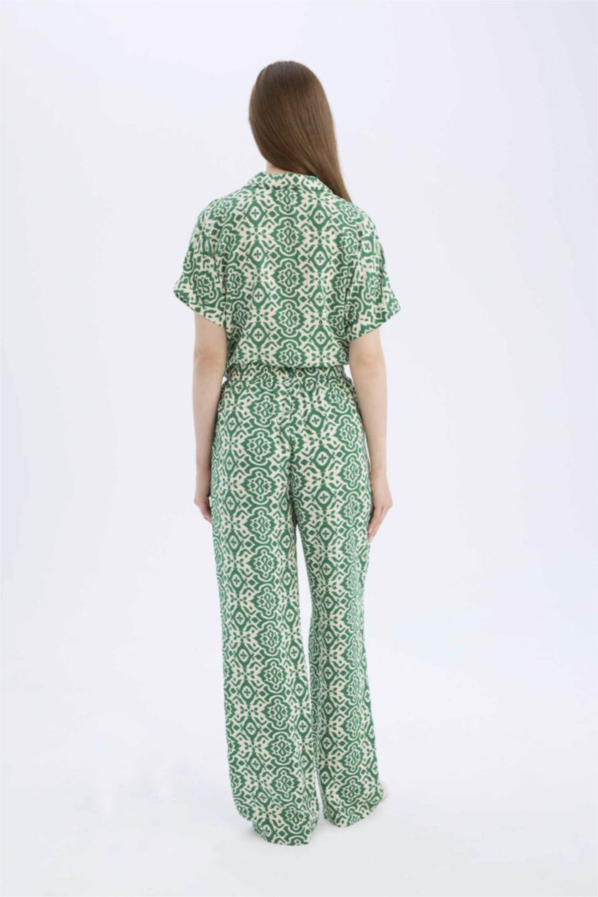 Kadın Yeşil Regular Fit Desenli Beli Lastikli Düz Paça Pantolon