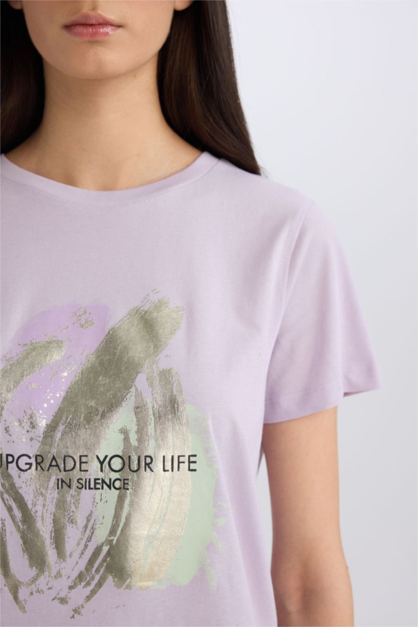 نساء أرجواني فاتح تيشيرت نص ردن قصة عادية بياخة مستديرة