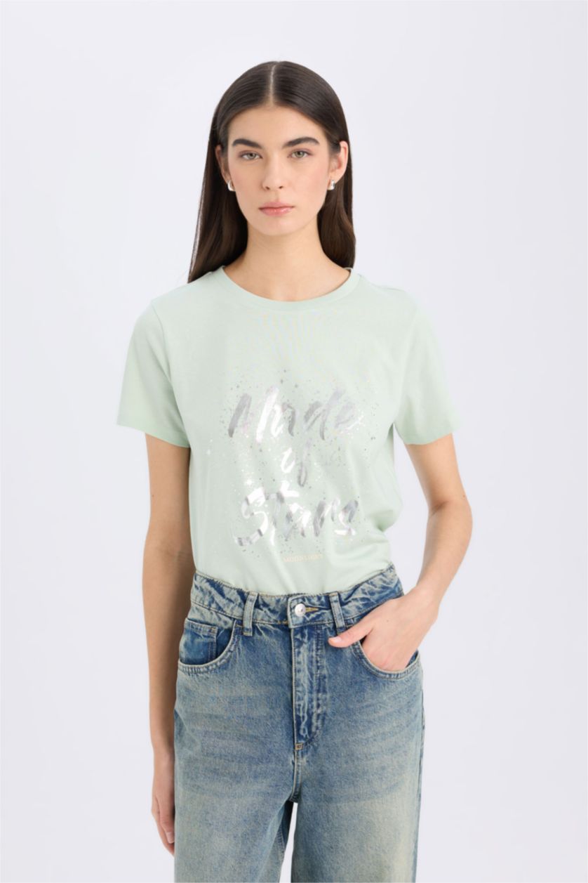 Woman Mint Regular Fit Crew Neck Slogan Short Sleeve T-Shirt