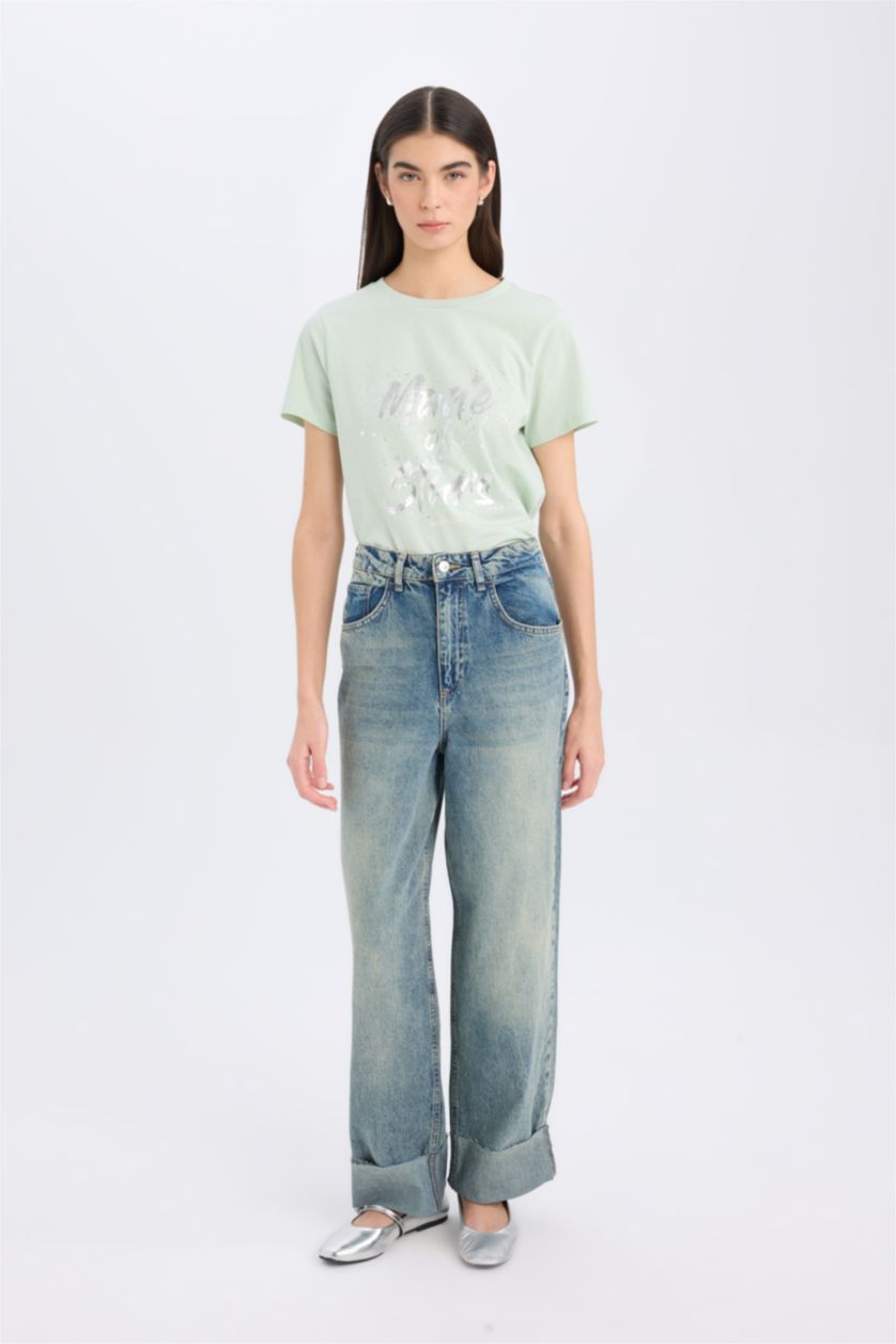 Woman Mint Regular Fit Crew Neck Slogan Short Sleeve T-Shirt