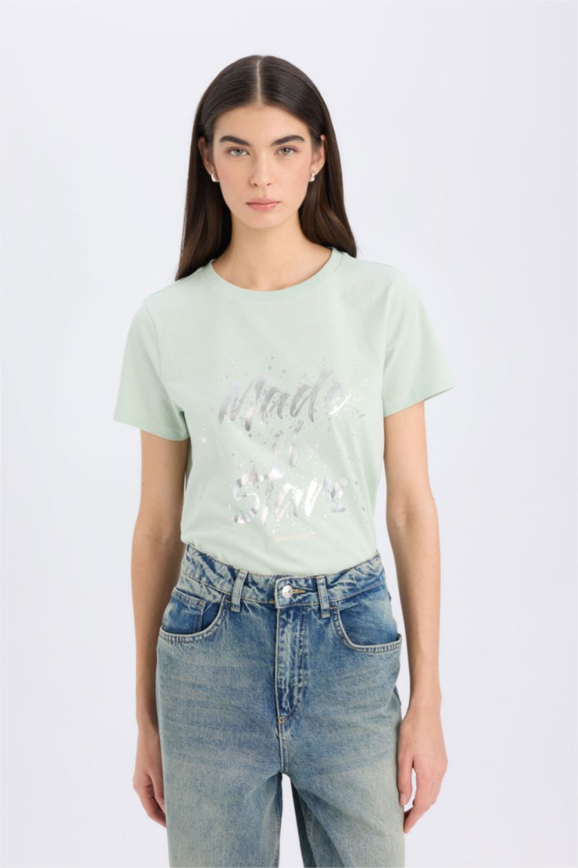 Woman Mint Regular Fit Crew Neck Slogan Short Sleeve T-Shirt