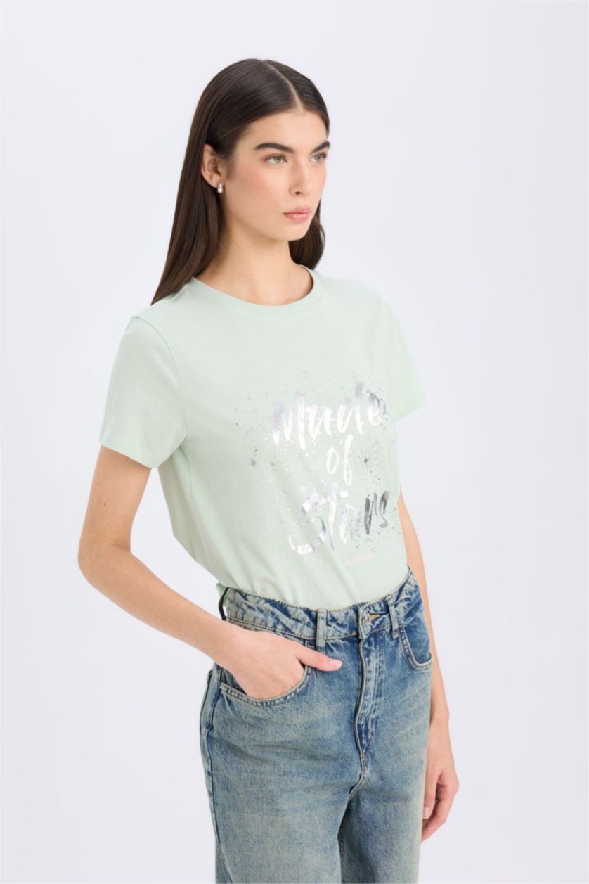Woman Mint Regular Fit Crew Neck Slogan Short Sleeve T-Shirt