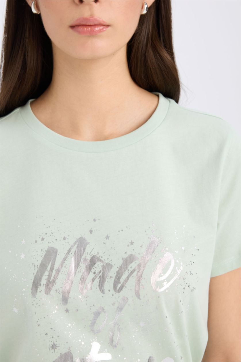 Woman Mint Regular Fit Crew Neck Slogan Short Sleeve T-Shirt