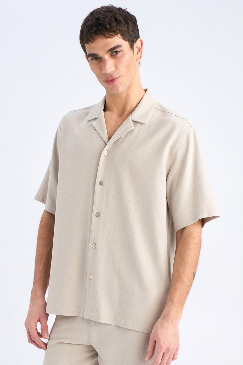 MAN NATURAL BEIGE Relax Fit Resort Neck Cotton Short Sleeve Shirt