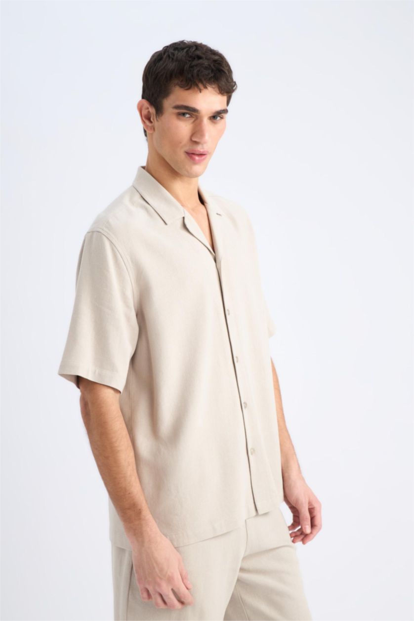 MAN NATURAL BEIGE Relax Fit Resort Neck Cotton Short Sleeve Shirt
