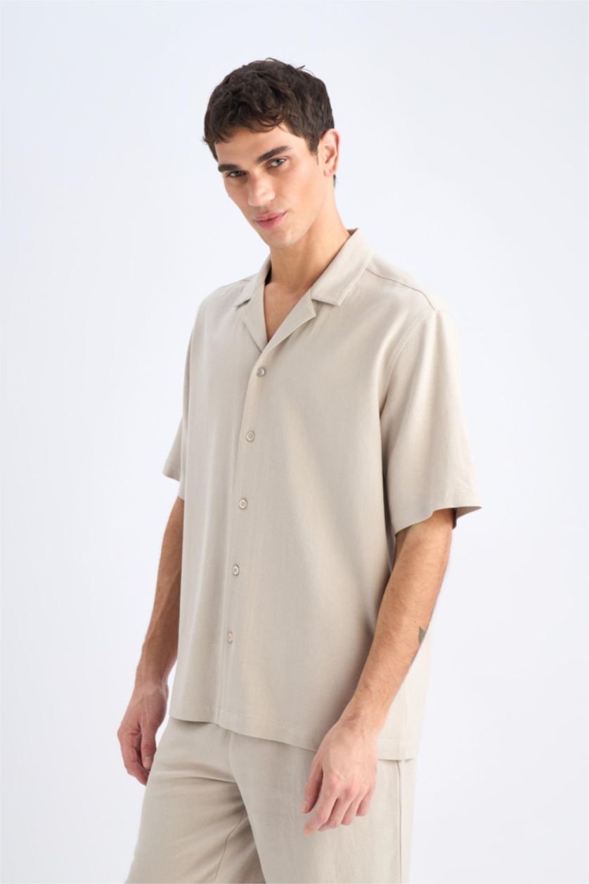 MAN NATURAL BEIGE Relax Fit Resort Neck Cotton Short Sleeve Shirt