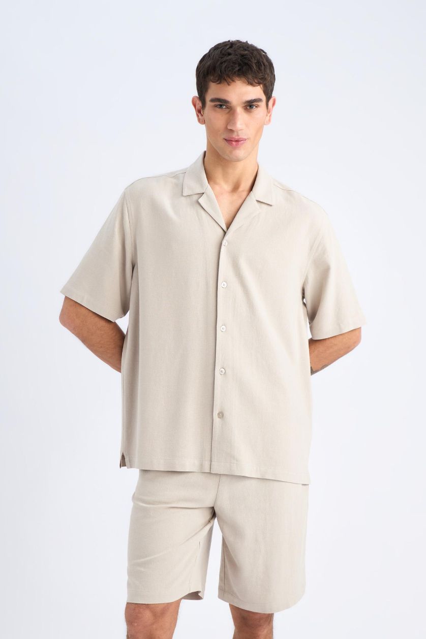 MAN NATURAL BEIGE Relax Fit Resort Neck Cotton Short Sleeve Shirt