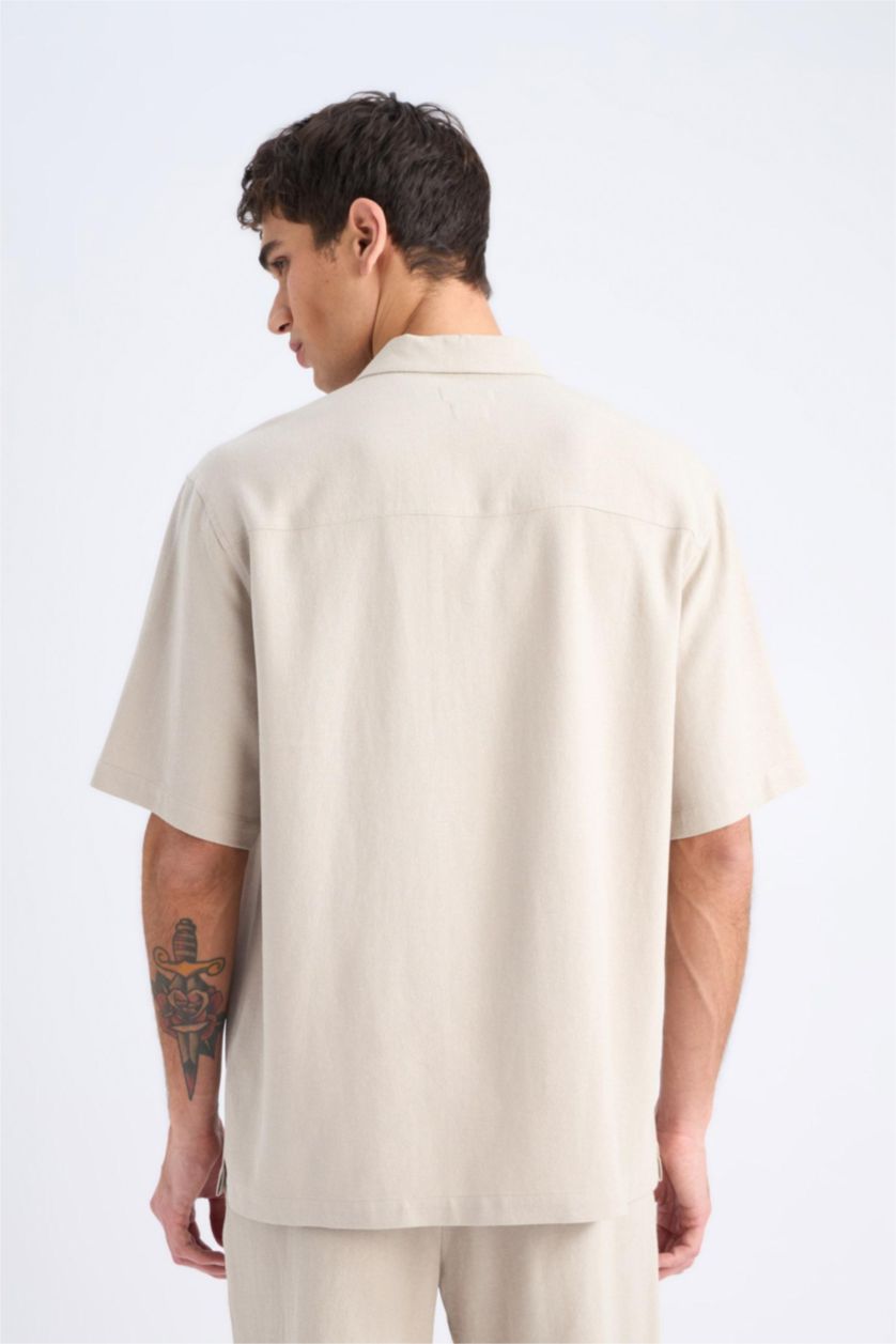 MAN NATURAL BEIGE Relax Fit Resort Neck Cotton Short Sleeve Shirt