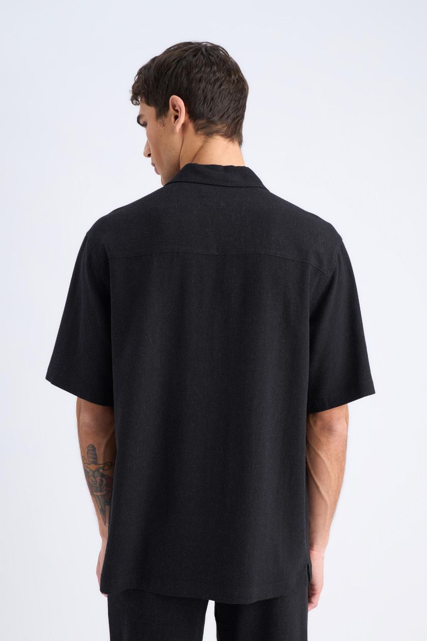 Erkek Siyah Relax Fit Polo Yaka Pamuklu Yazlık Kısa Kollu Siyah Gömlek