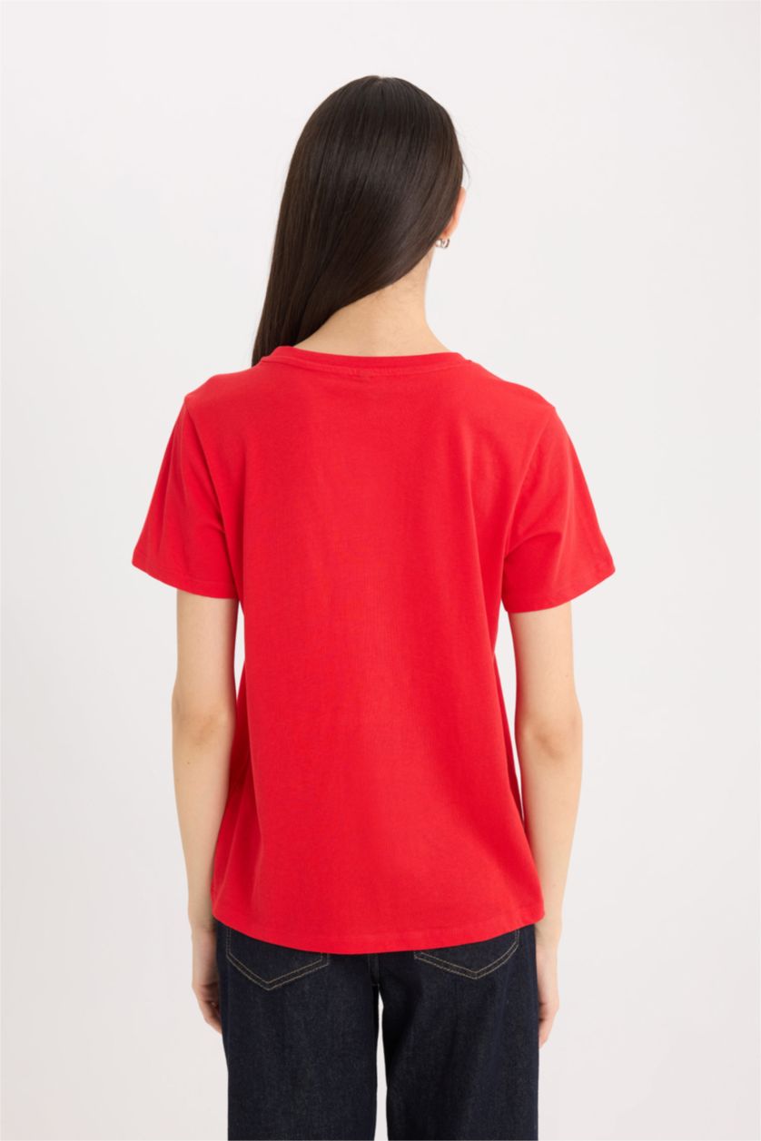 نساء أحمر تيشيرت نص ردن بطبعة شعار قصة عادية بياخة مستديرة