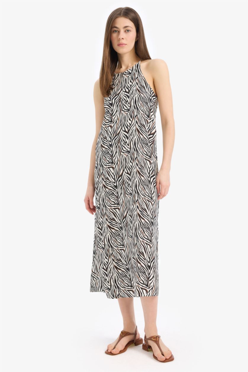 Woman Black Straight Fit Round Collar Animal Print Sleeveless Midi Dress