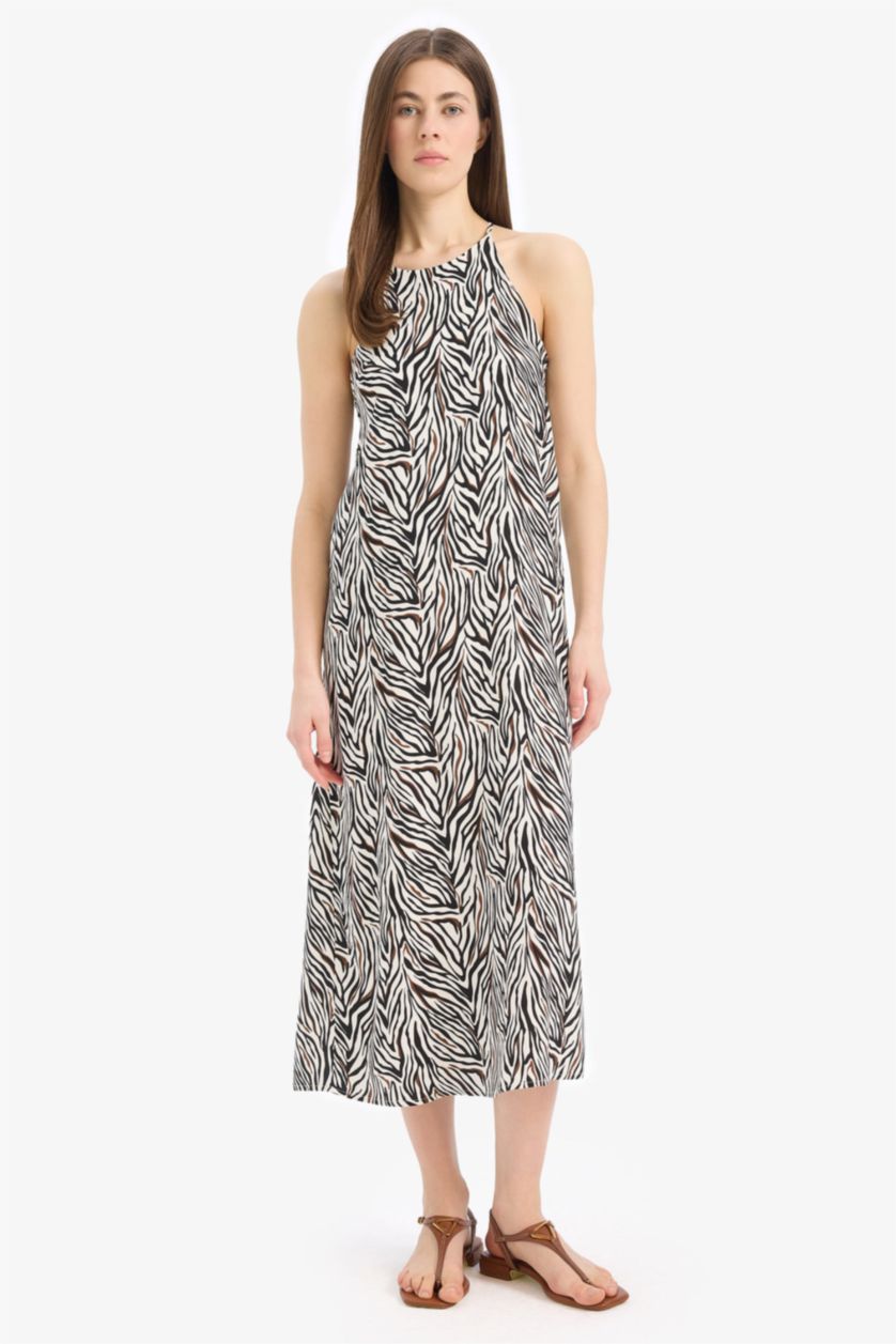 Woman Black Straight Fit Round Collar Animal Print Sleeveless Midi Dress