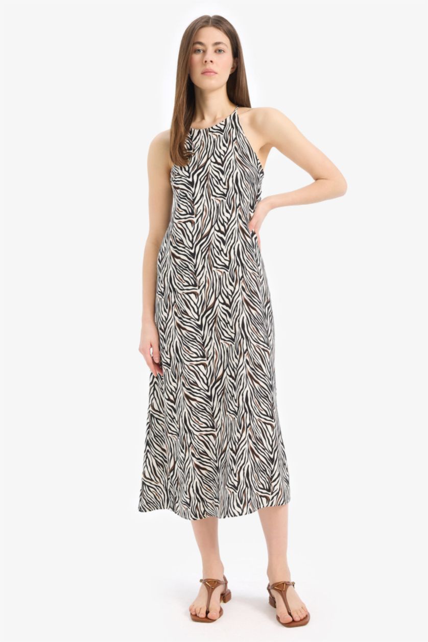 Woman Black Straight Fit Round Collar Animal Print Sleeveless Midi Dress