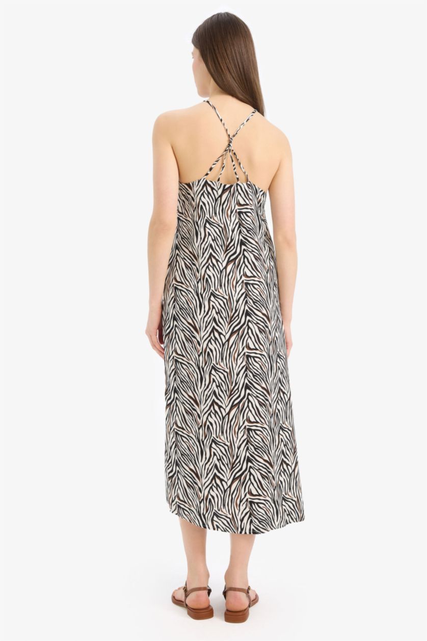 Woman Black Straight Fit Round Collar Animal Print Sleeveless Midi Dress