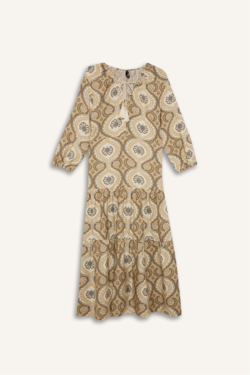 حريمي بني فاتح فستان طويل بقصة A بياقة V