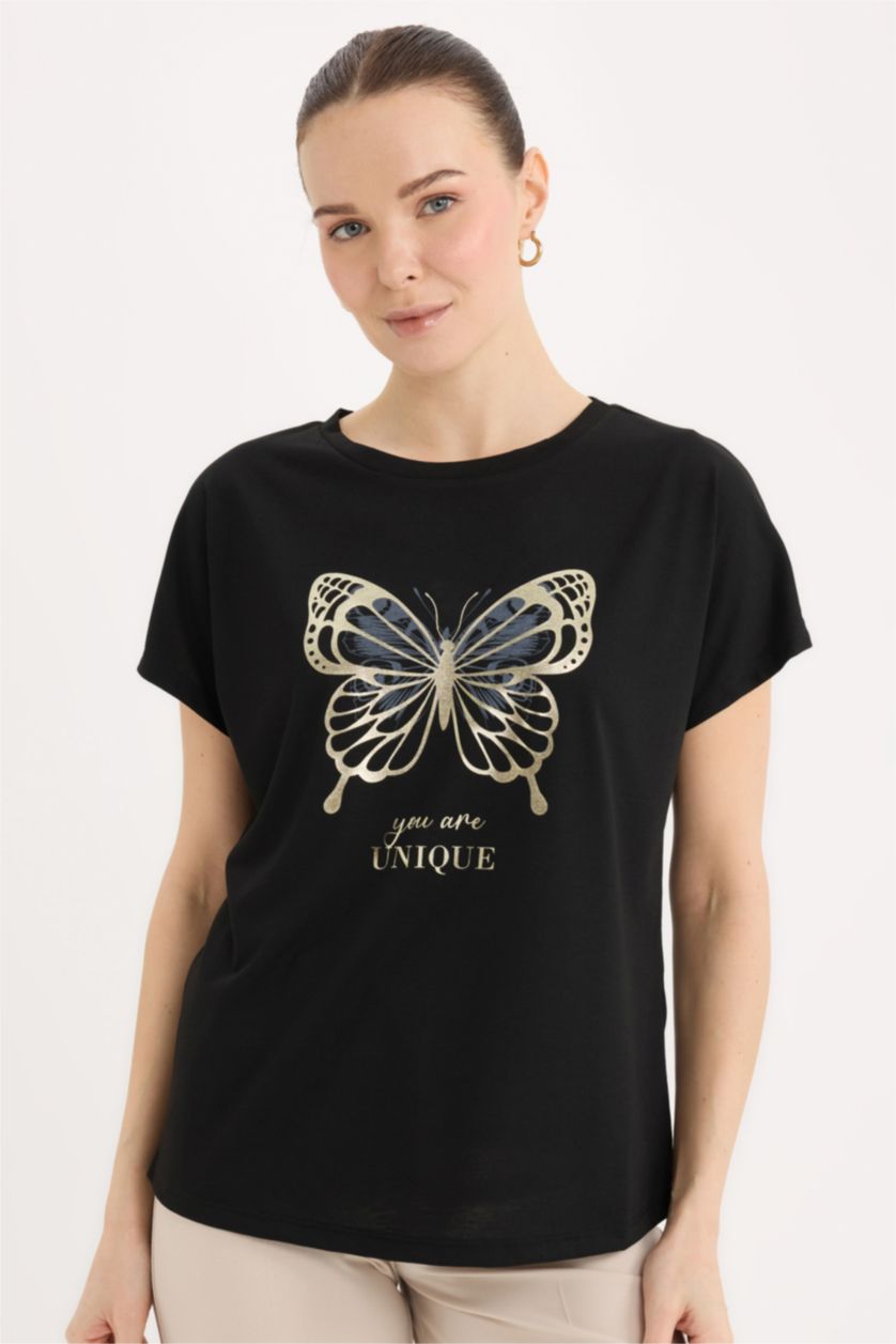 Kadın Siyah Bisiklet Yaka Kelebek Baskılı Kısa Kollu Tişört
