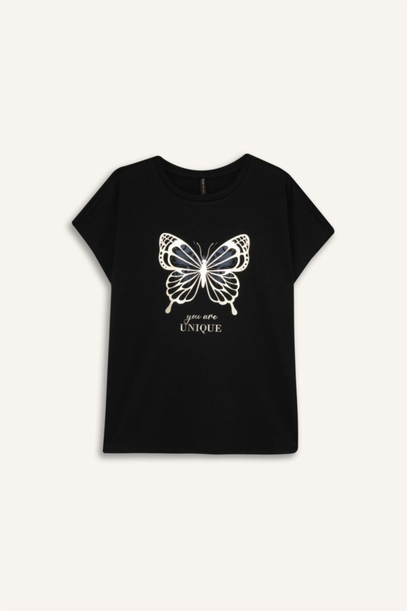 Kadın Siyah Bisiklet Yaka Kelebek Baskılı Kısa Kollu Tişört