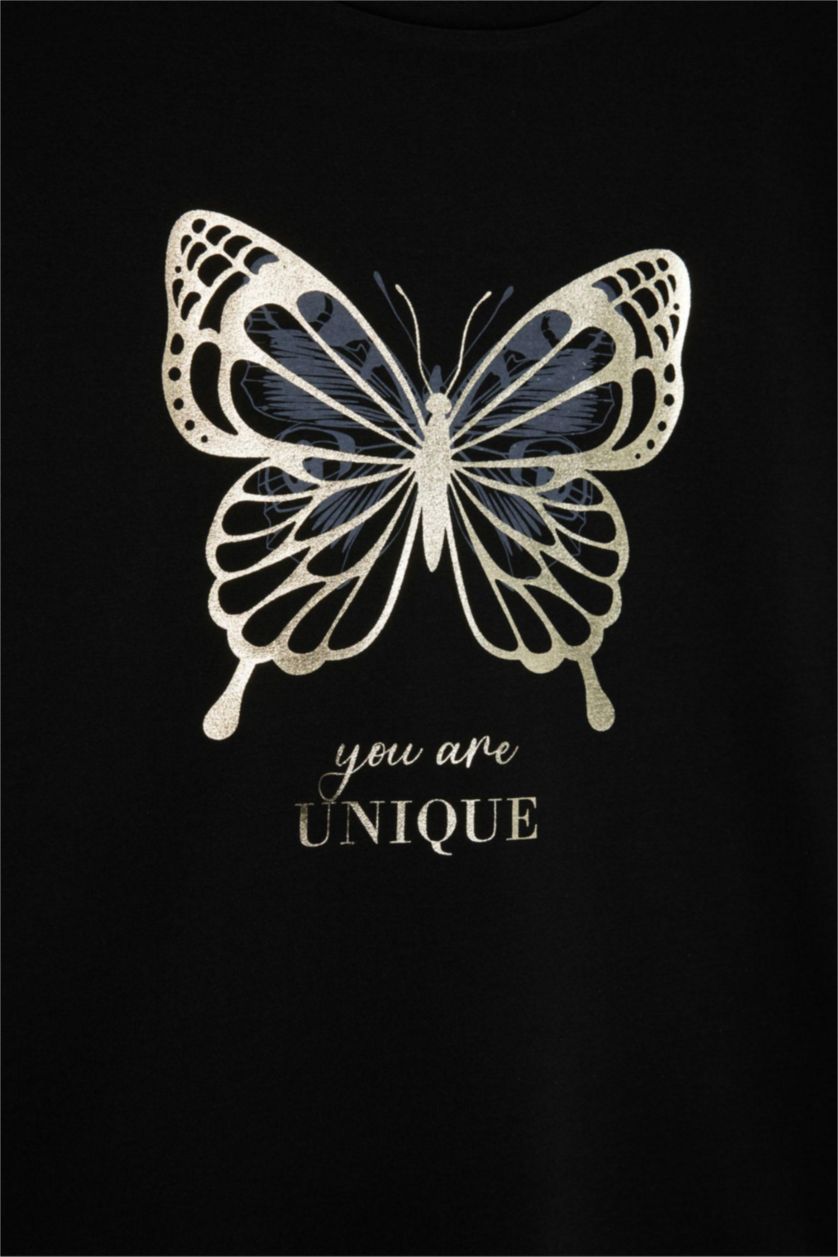 Kadın Siyah Bisiklet Yaka Kelebek Baskılı Kısa Kollu Tişört