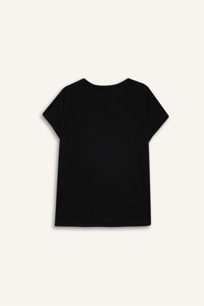 Kadın Siyah Bisiklet Yaka Kelebek Baskılı Kısa Kollu Tişört