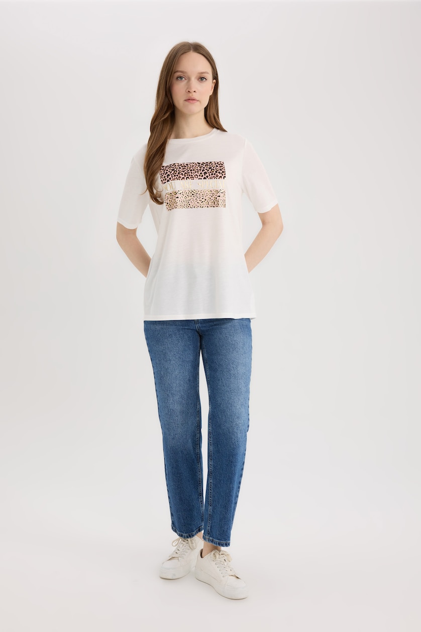 WOMAN Ecru Regular Fit Short Sleeve T-Shirt