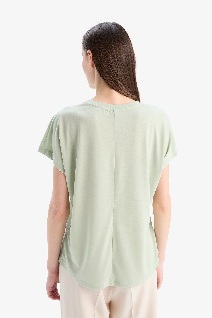 نساء نعناع تيشيرت نص كم مطبوع برقبة مستديرة