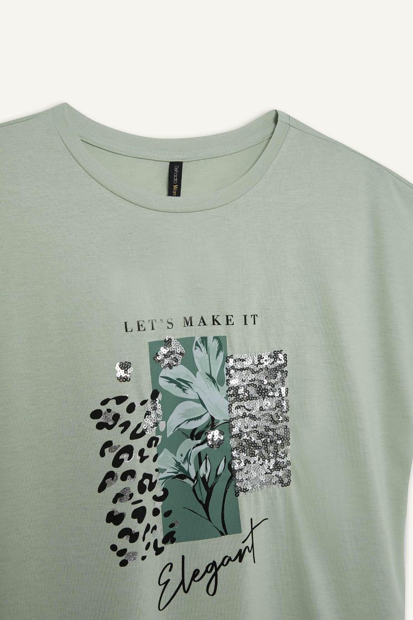 نساء نعناع تيشيرت نص كم مطبوع برقبة مستديرة