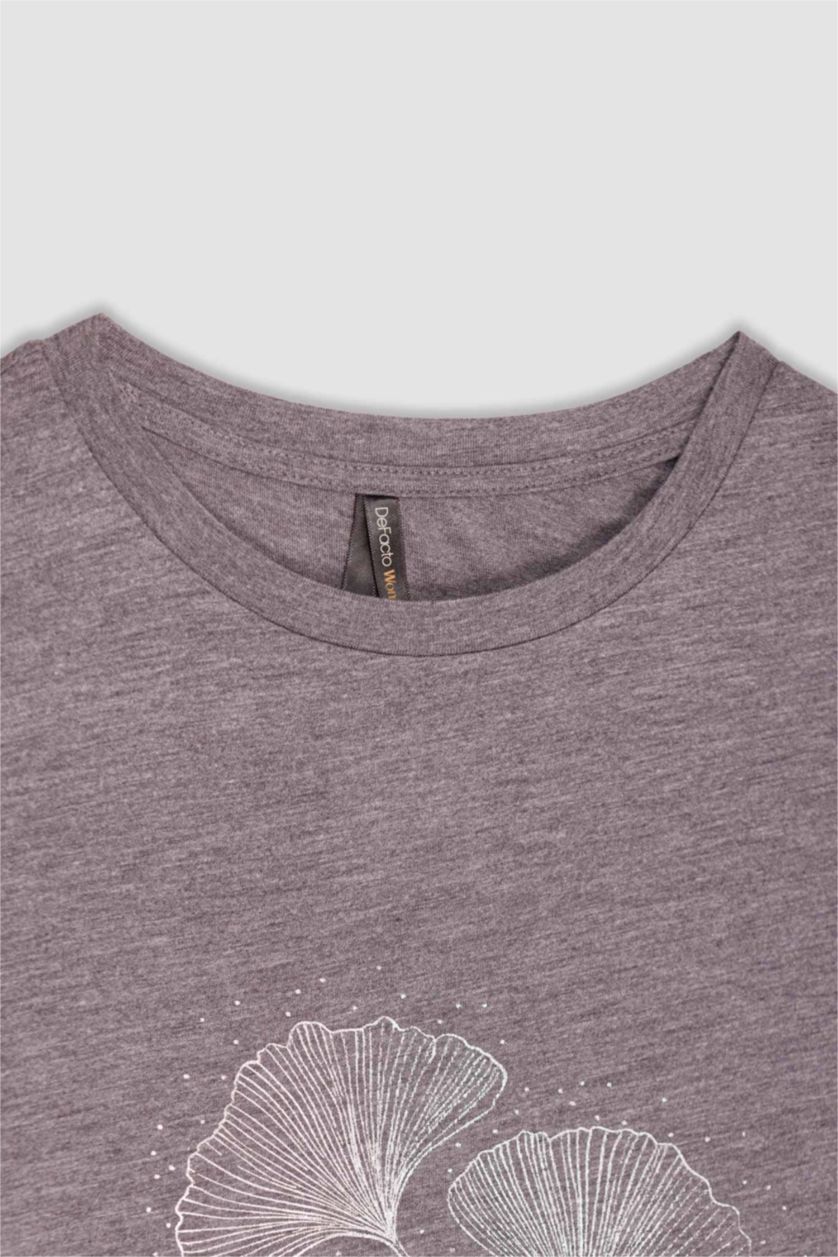 حريمي ميلانج أنثرا تيشيرت نص كم قصة عادية بياقة مستديرة مطبوع بأحجار