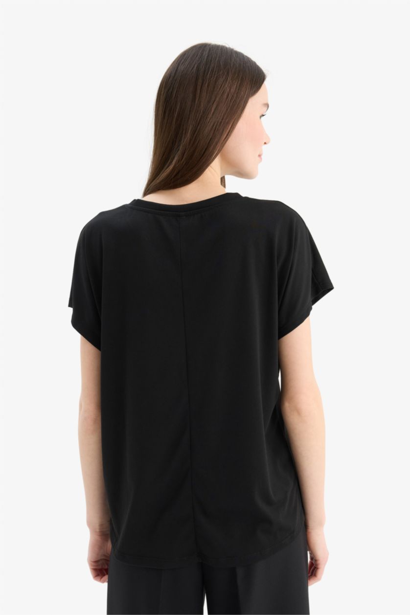 نساء أسود تي شيرت قصة عادية نص ردن وياخة دائرية