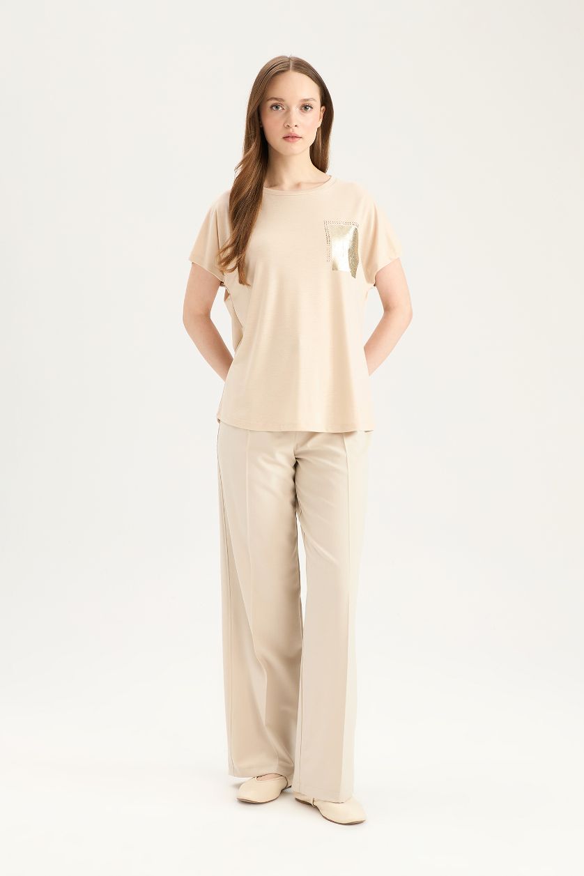 نساء بيج تيشيرت نص ردن بياخة مستديرة