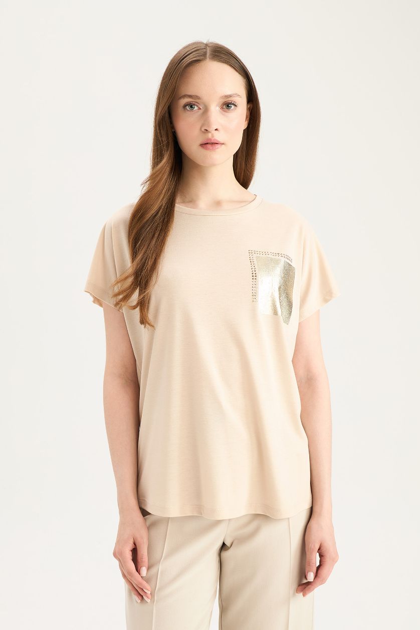 نساء بيج تيشيرت نص ردن بياخة مستديرة