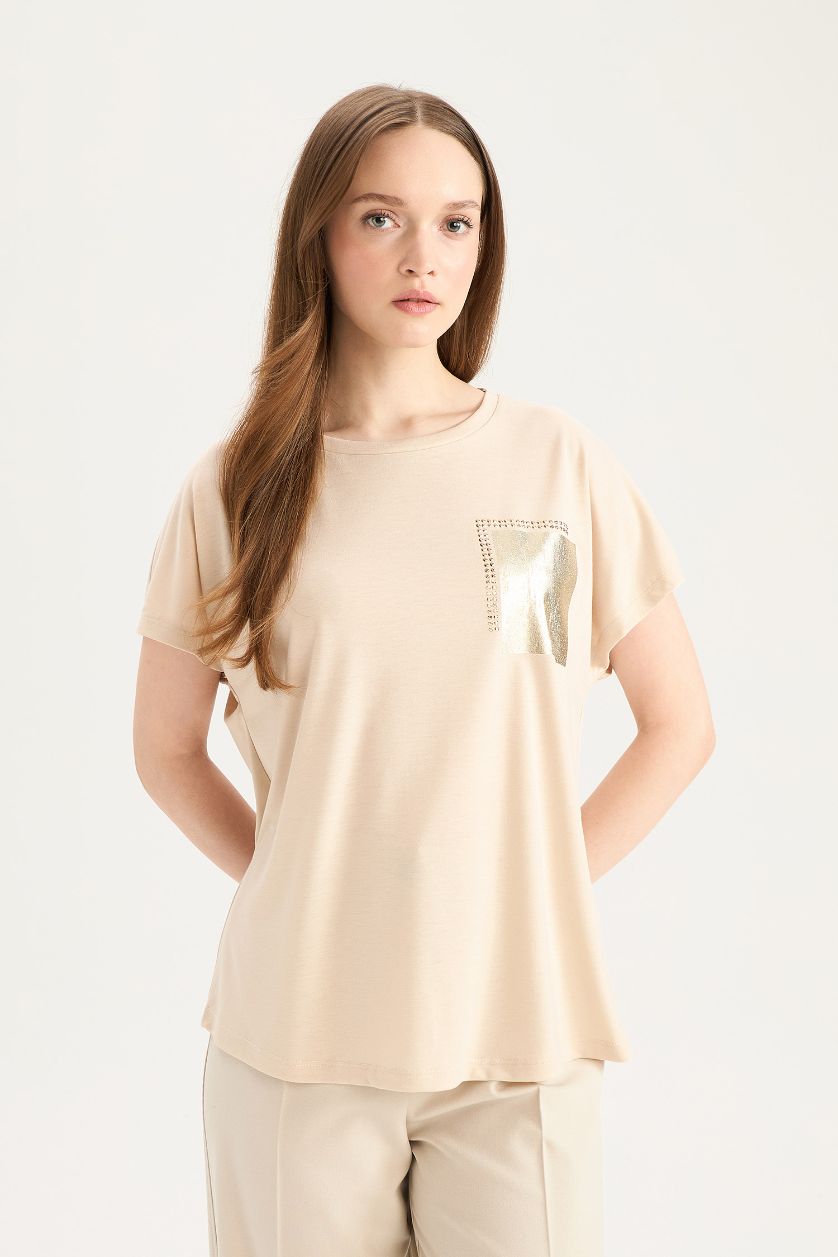 نساء بيج تيشيرت نص ردن بياخة مستديرة