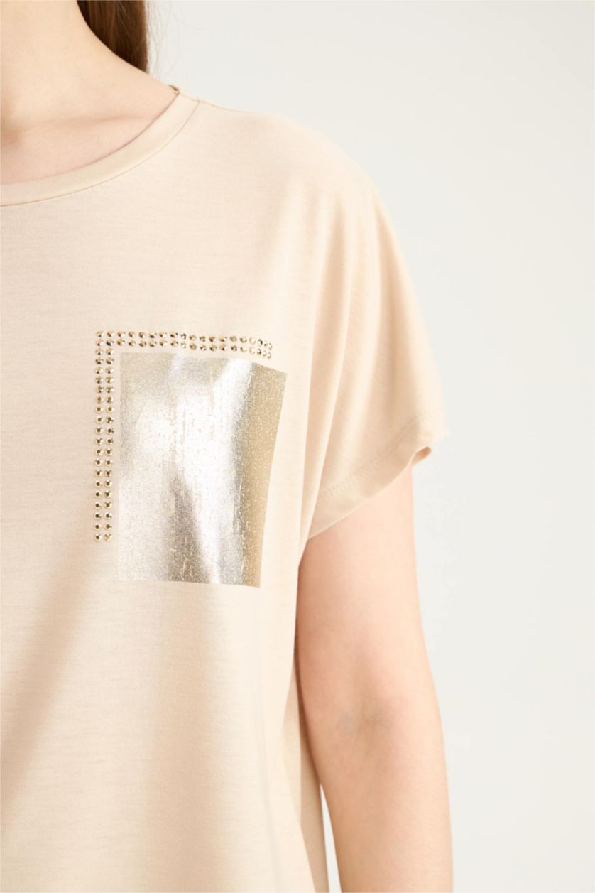 نساء بيج تيشيرت نص ردن بياخة مستديرة