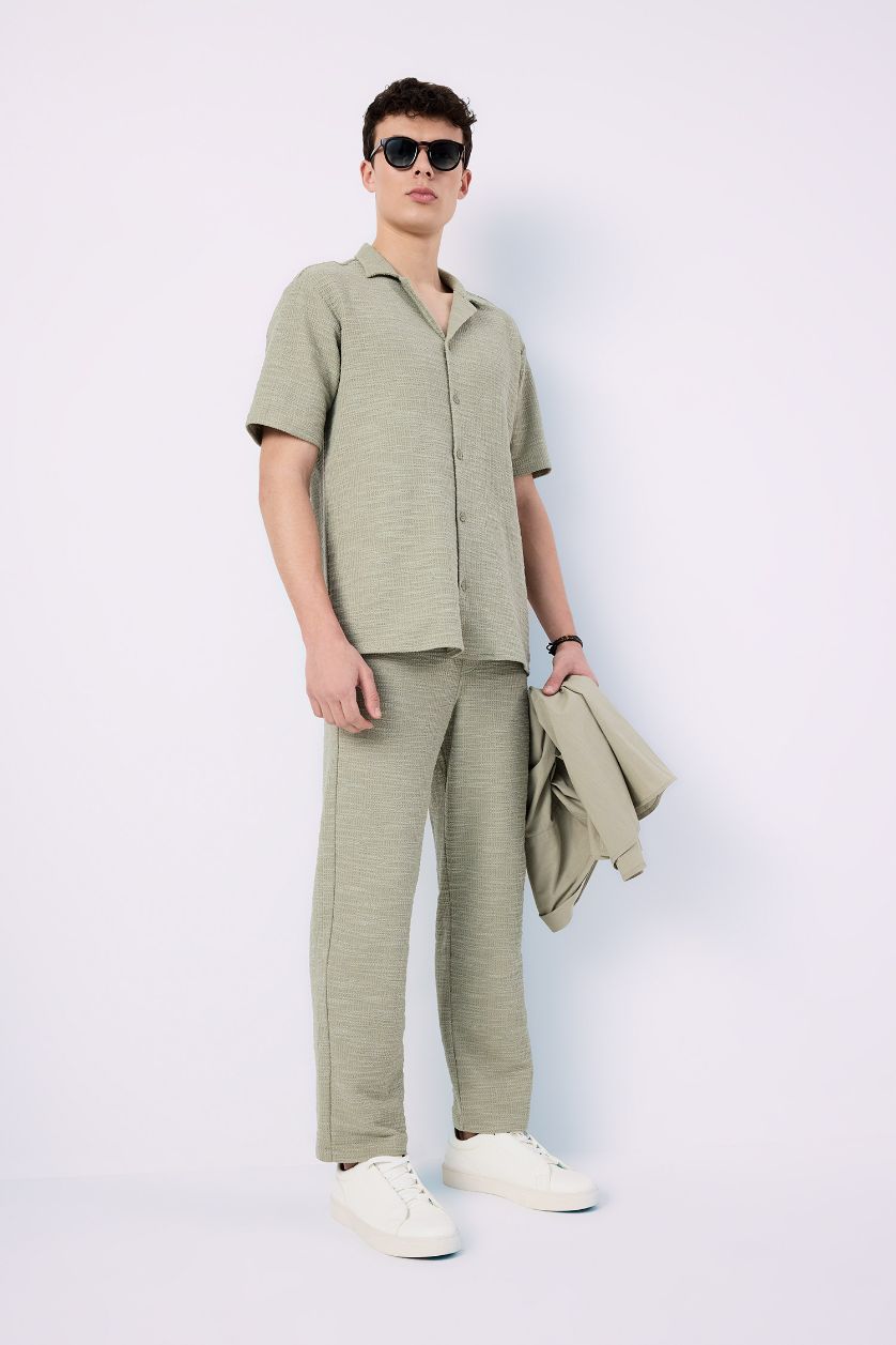 Erkek Açık Haki Regular Fit Yazlık Apaş Yaka Kısa Kollu Gömlek
