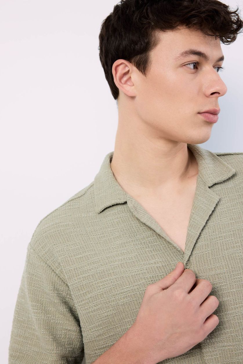 Erkek Açık Haki Regular Fit Yazlık Apaş Yaka Kısa Kollu Gömlek