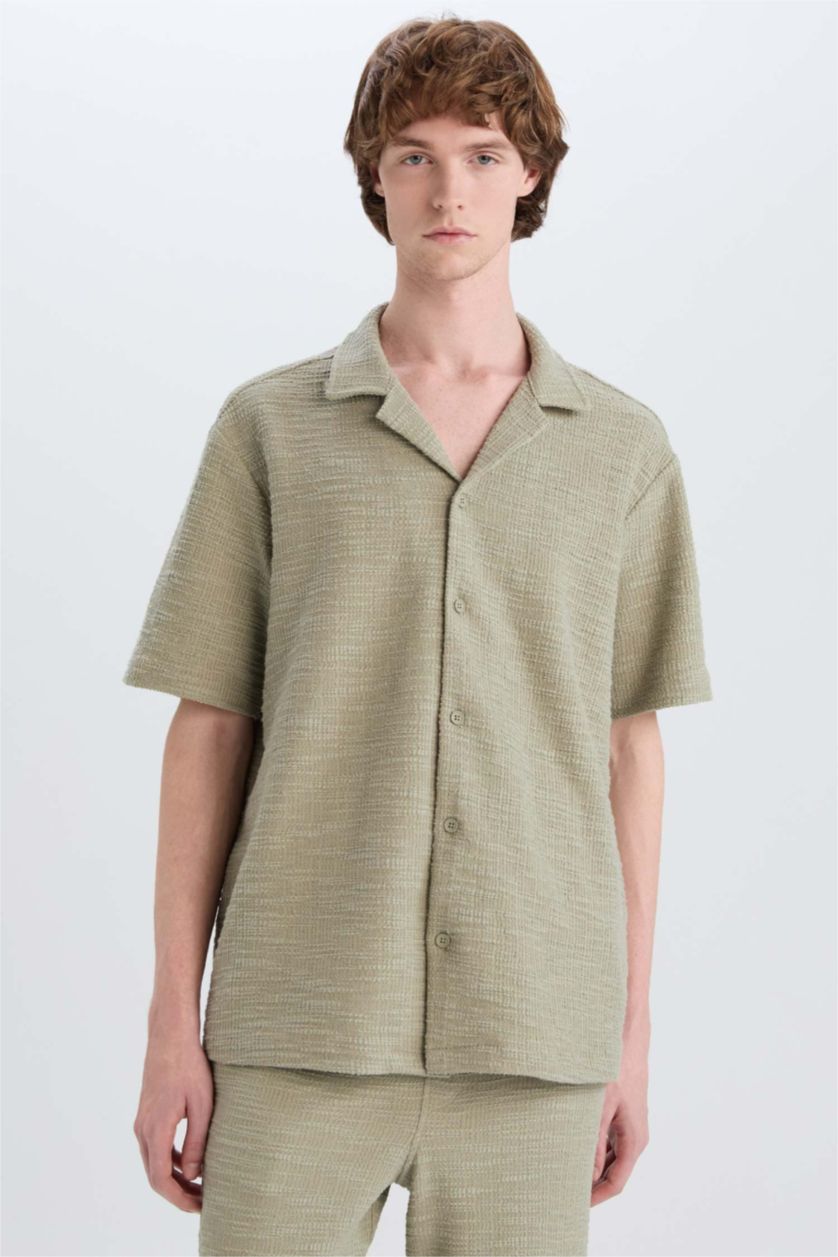 Erkek Açık Haki Regular Fit Yazlık Apaş Yaka Kısa Kollu Gömlek
