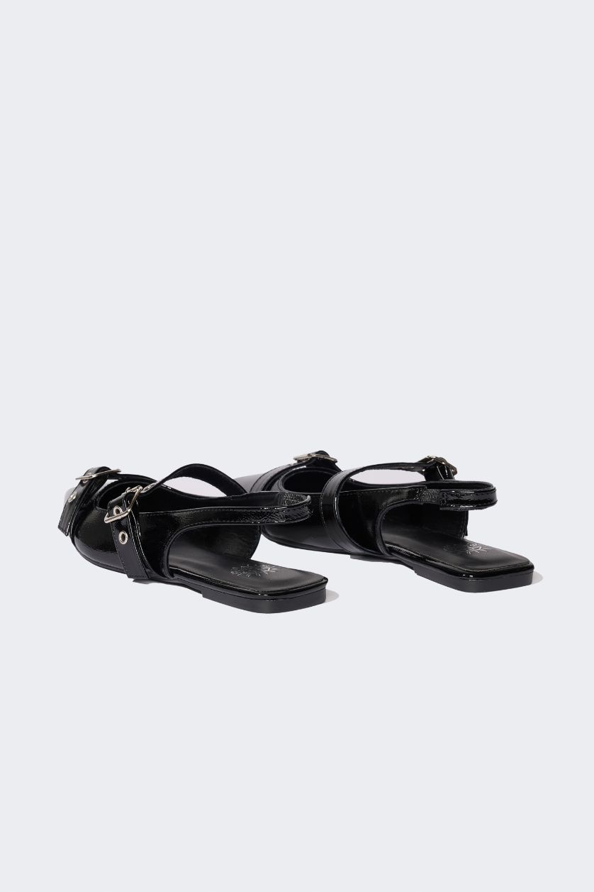 نساء أسود حذاء فلات نسائي جلد صناعي بكعب مسطح