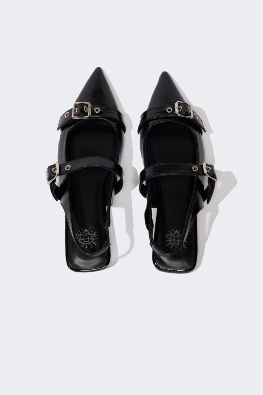 نساء أسود حذاء فلات نسائي جلد صناعي بكعب مسطح