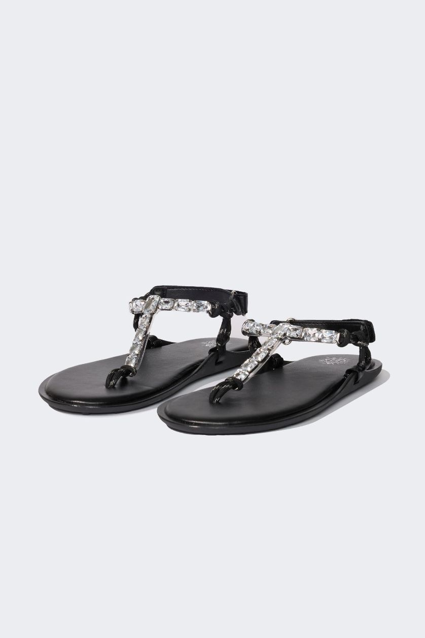 WOMAN Black Woman Flat Sole Faux Leather Sandals