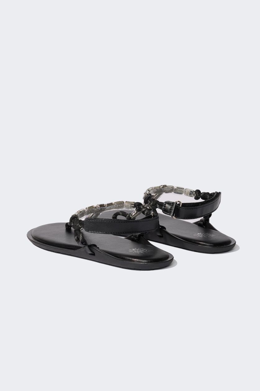 WOMAN Black Woman Flat Sole Faux Leather Sandals