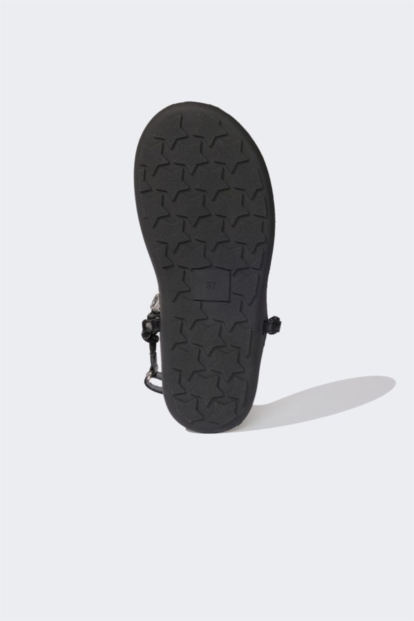 WOMAN Black Woman Flat Sole Faux Leather Sandals