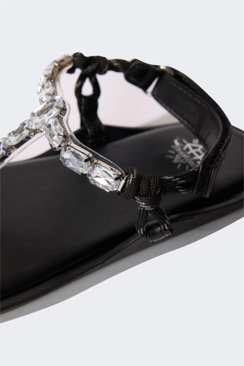 WOMAN Black Woman Flat Sole Faux Leather Sandals