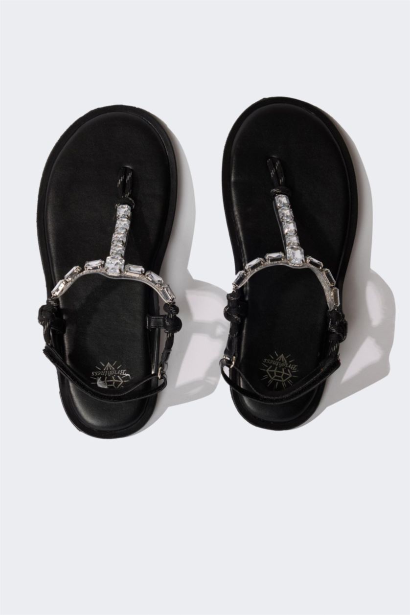 WOMAN Black Woman Flat Sole Faux Leather Sandals