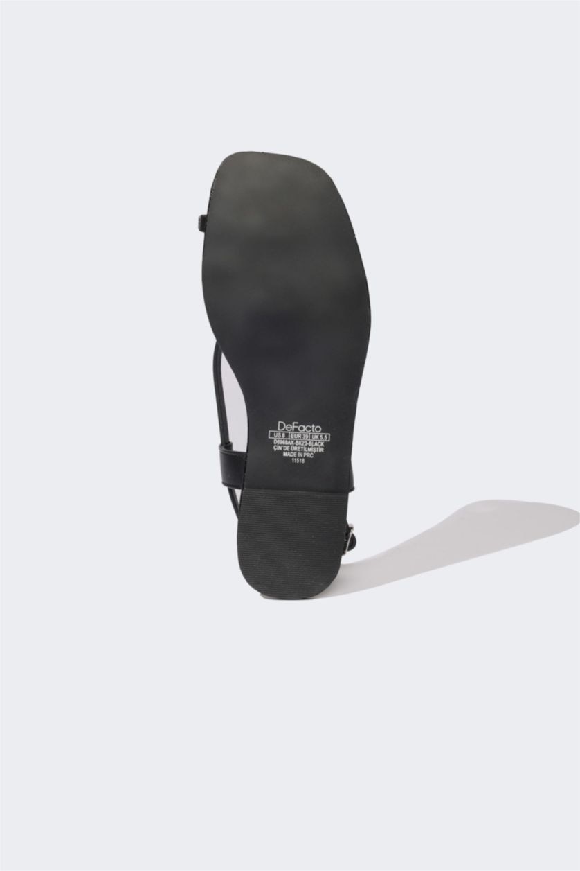 Kadın Siyah Kadın Taşlı Düz Taban Suni Deri Sandalet