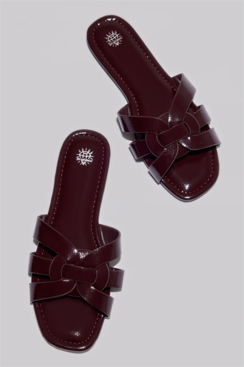 Kadın Bordo Kadın Düz Taban Suni Deri Terlik