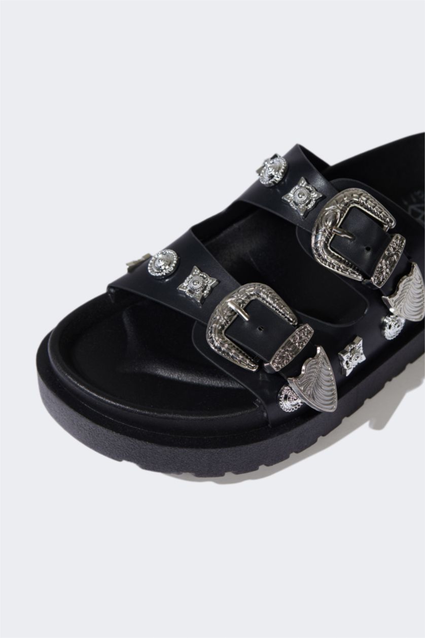 Woman Black Woman Flat Sole Faux Leather Slippers