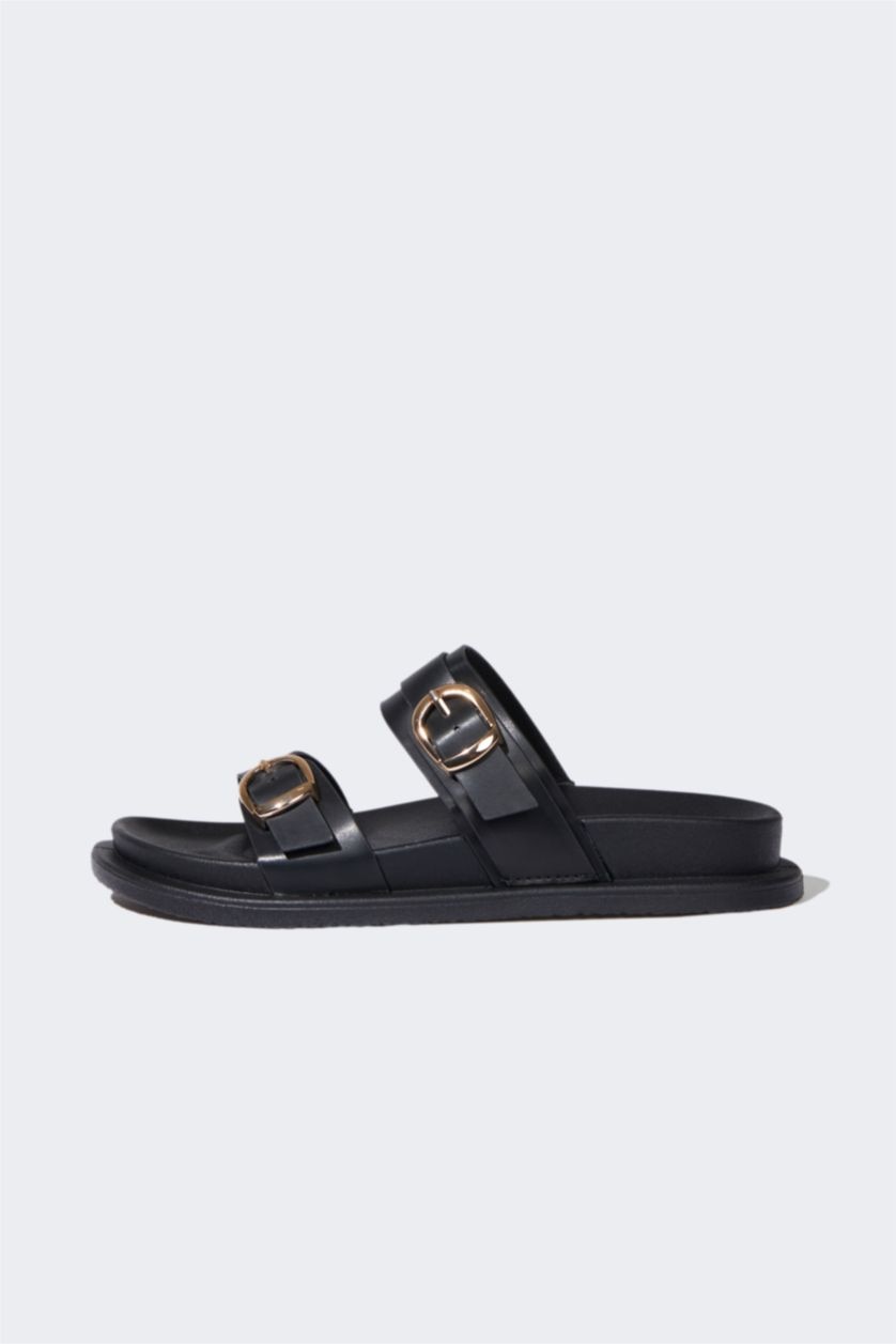 WOMAN Black Woman Flat Sole Faux Leather Slippers