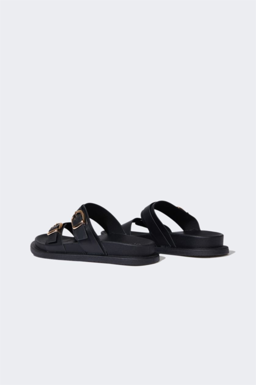 WOMAN Black Woman Flat Sole Faux Leather Slippers