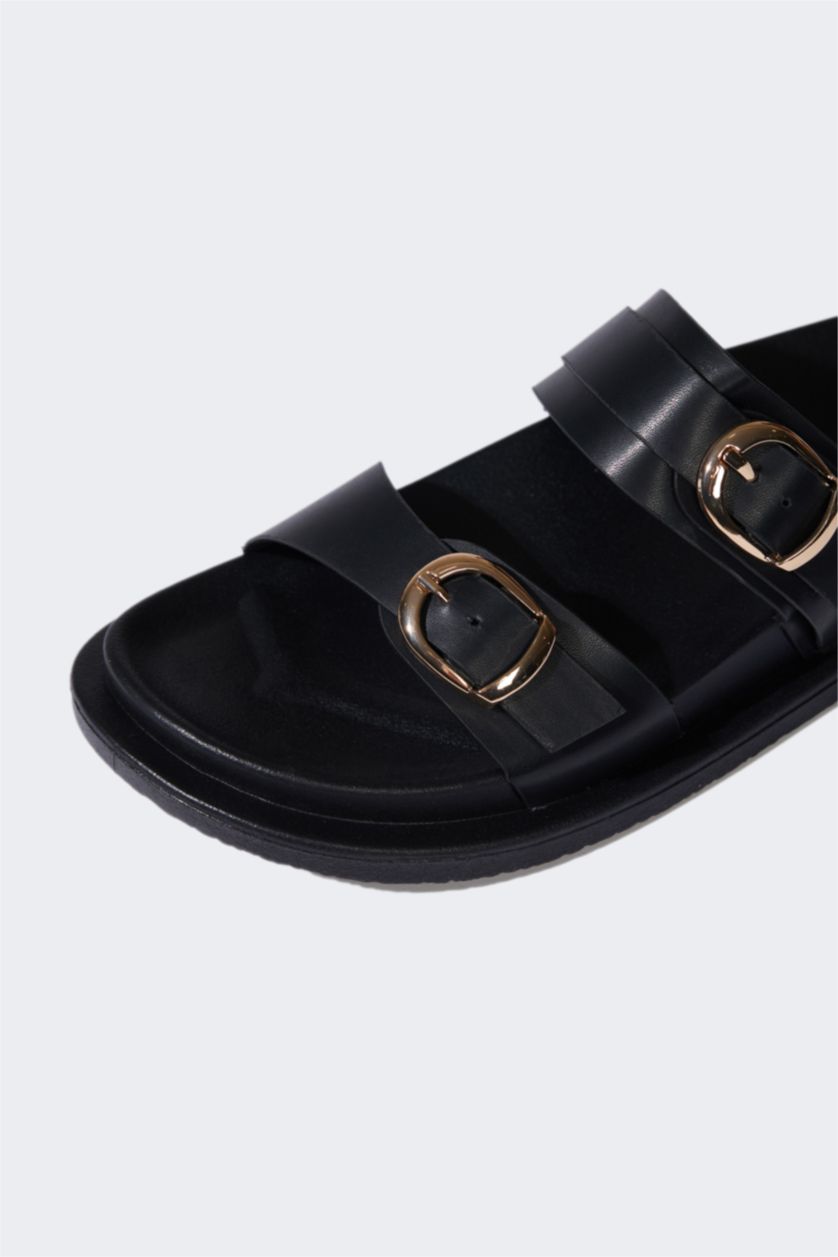 WOMAN Black Woman Flat Sole Faux Leather Slippers