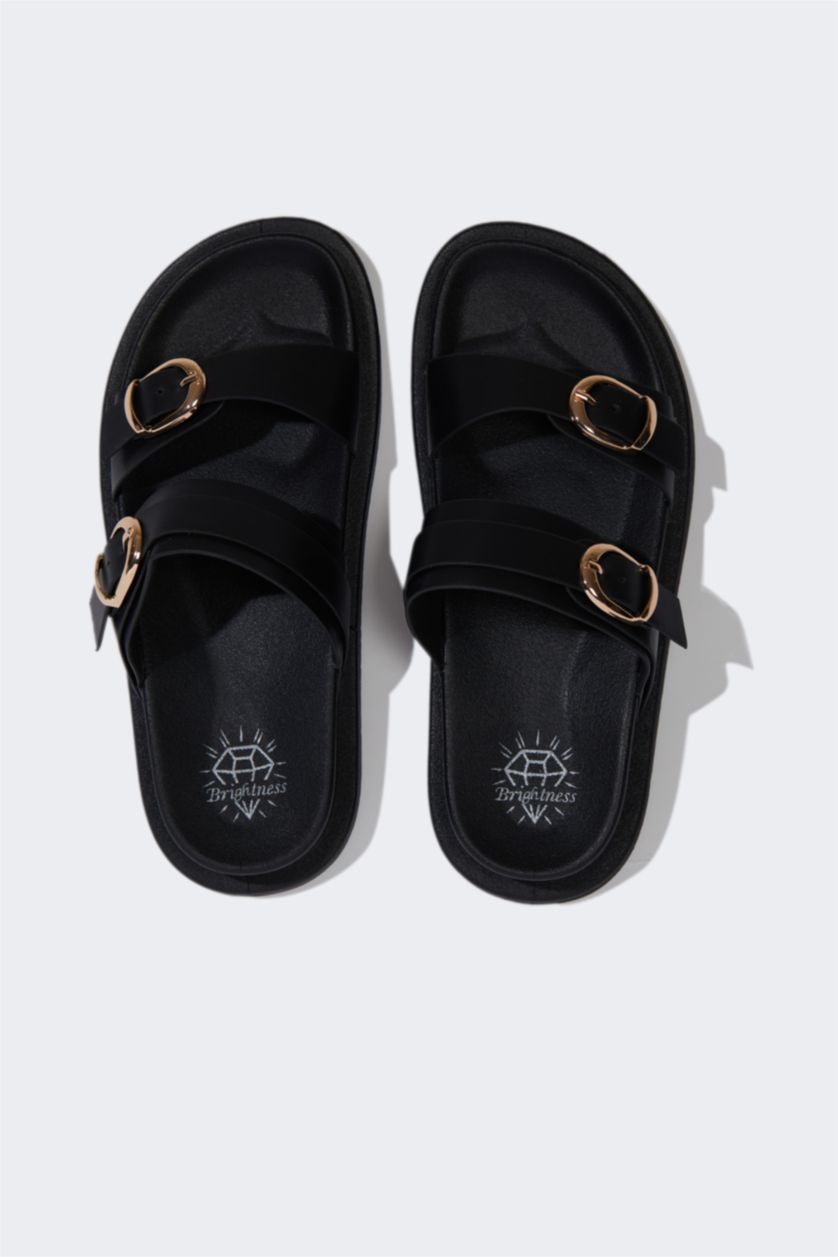 WOMAN Black Woman Flat Sole Faux Leather Slippers