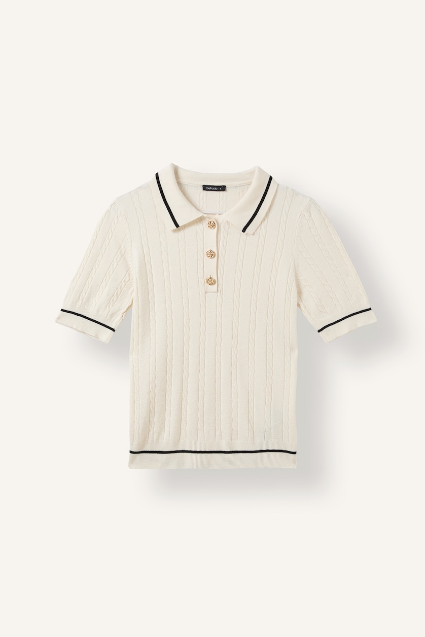 Kadın Ekru Fitilli Polo Yaka Basic Kazak